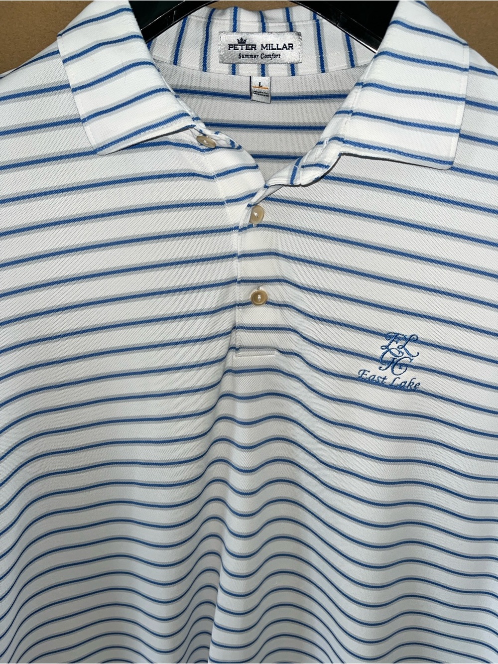 Peter Millar East Lake GC Summer Comfort Polo Shirt Sz Large White Blue Striped